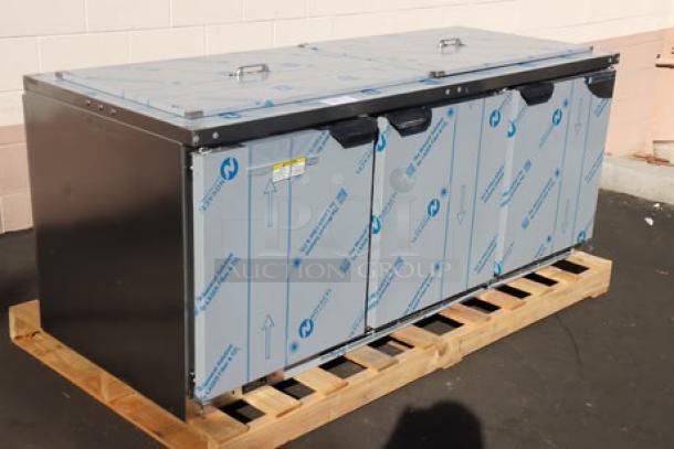 Beverage-Air SPE72HC-S 72" stainless steel refrigerated salad bar, new condition, minor dent on right panel, model label visible.