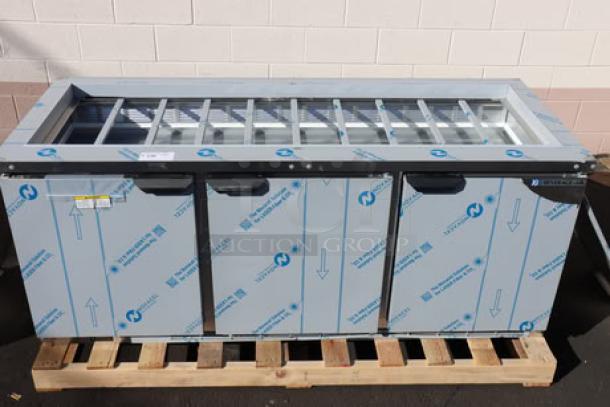 Beverage-Air SPE72HC-S refrigerated salad bar, 72" stainless steel, 115V, 5.4A, 1-phase, minor dent on right panel, 9/10 condition.