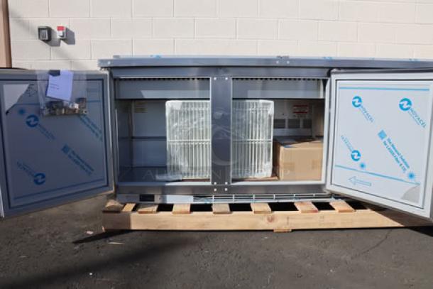 Beverage-Air SPE72HC-S 72" stainless steel refrigerated salad bar, new condition with minor right panel dent.