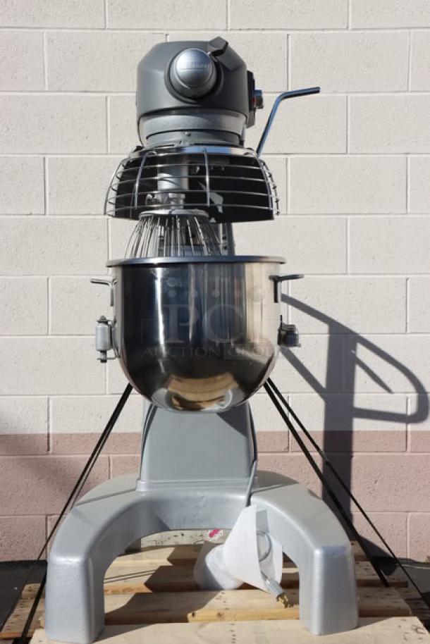 Alt text: Hobart Legacy+ HL200-10STD 20 Qt. Planetary Floor Mixer, near perfect condition, minor scratches and dents on right side.