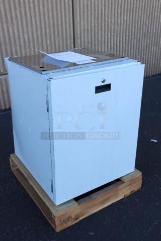 Scotsman HST21-A ice dispenser stand, brand new, dented top back right, stainless steel, enclosed with door, S/N: 24101320015262.