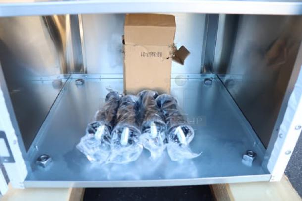 Scotsman HST21-A ice dispenser stand, stainless steel, 21.5" x 23.75", new with top back right dent. S/N: 24101320015262.