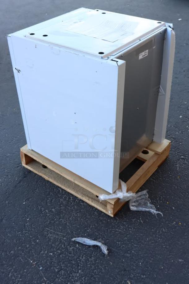 BRAND NEW Scotsman HST21-A stainless steel ice dispenser stand with door, dented top back right. S/N: 24101320015262.