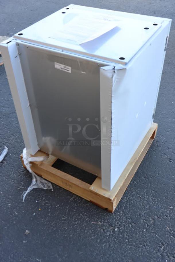 Scotsman HST21-A stainless steel ice dispenser stand, 21 1/2" x 23 3/4", brand new, dented top back right side.