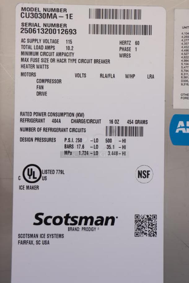 BRAND NEW Scotsman CU3030MA-1 Ice Machine, 30", Air Cooled, 313 lbs capacity. Minor denting, includes legs and scoop. S/N: 25061320012693.