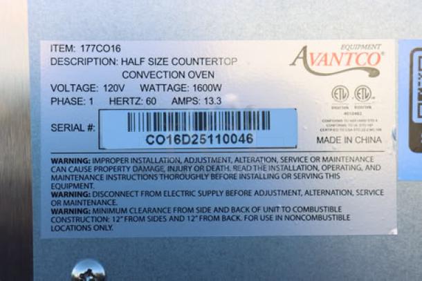 Avantco CO-16 Half Size Convection Oven, 1.5 Cu. Ft., 120V, 1600W, S/N C016D25110046. Perfect condition, damaged packaging.