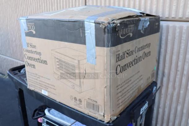 Avantco CO-16 Half Size Countertop Convection Oven in damaged original packaging, perfect condition, S/N: C016D25110046.