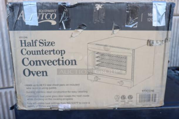 Alt text: Avantco CO-16 Half Size Countertop Convection Oven in damaged original packaging. Features 1.5 Cu. Ft., 120V, 13.3 Amps. Perfect condition.