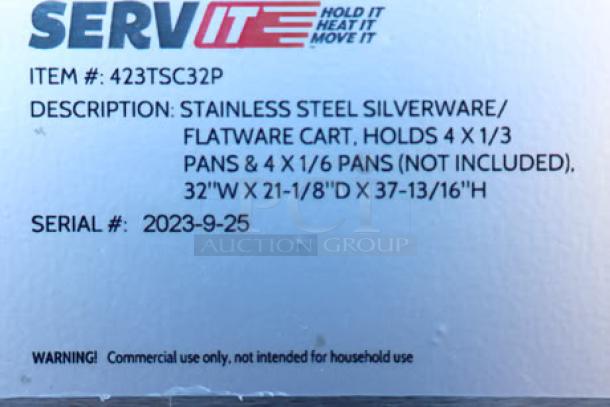ServIt 32" Stainless Steel Flatware/Tray Cart, Model TSC-32, pans not included. S/N: 2023-9-25. Minor scratches and dents.