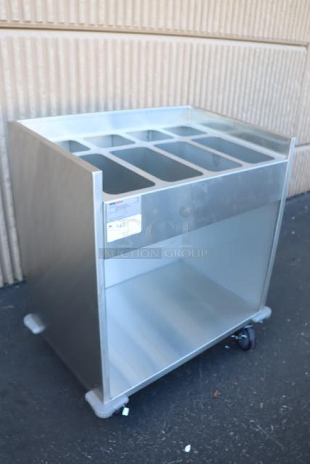 ServIt TSC-32 flatware/tray cart, stainless steel, 32", 8-pan capacity, minor scratches and dents, serial 2023-9-25.
