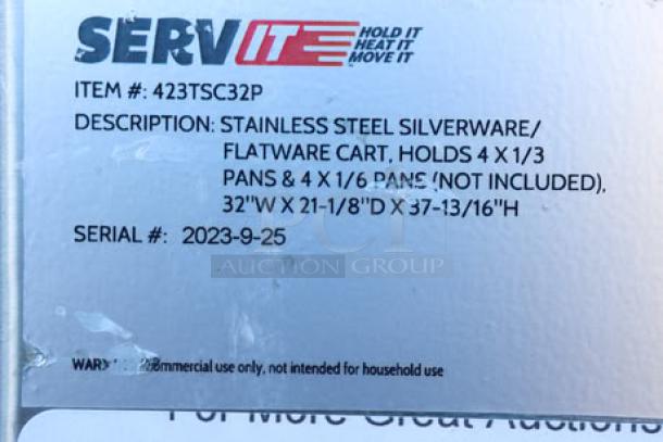 ServIt stainless steel flatware tray cart, model TSC-32, holds 8 pans, minor scratches, S/N: 2023-9-25, commercial use.