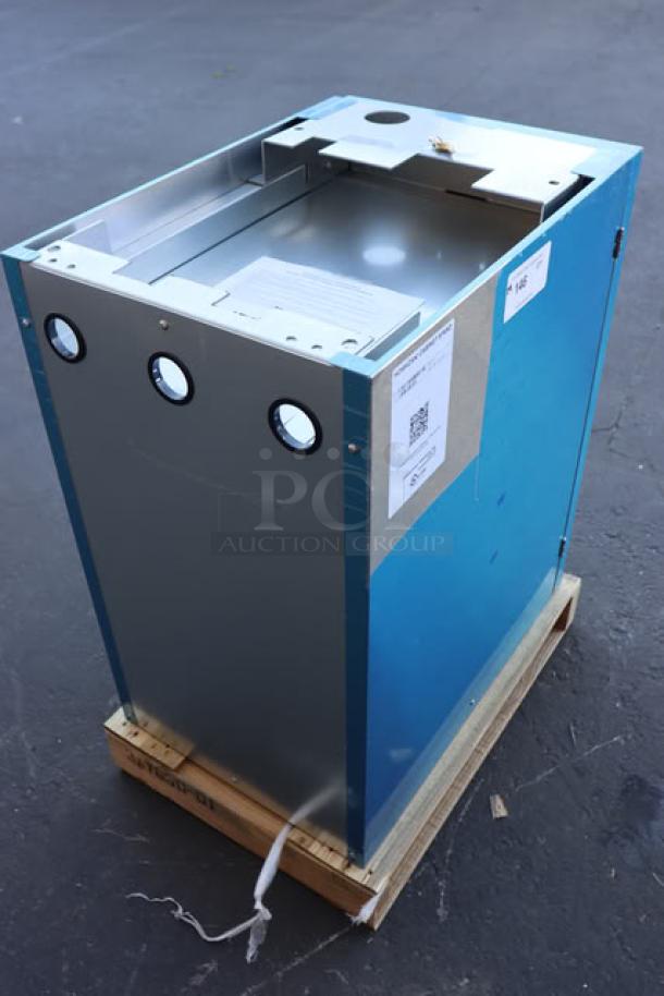 Hoshizaki SD-271 ice machine stand, 2025 model, blue, minor dents/scratches, lockable door, S/N Q54115E.