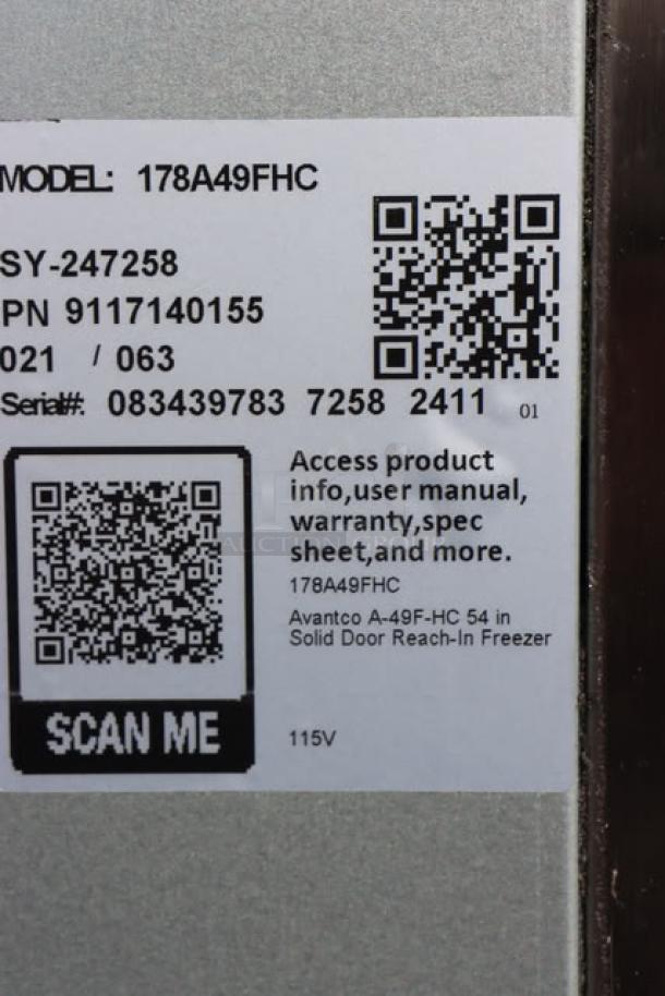 Avantco A-49F-HC 54" solid door reach-in freezer label. Details: 115V, 8.5A, S/N: 083439783 7258. Model: 178A49FHC.