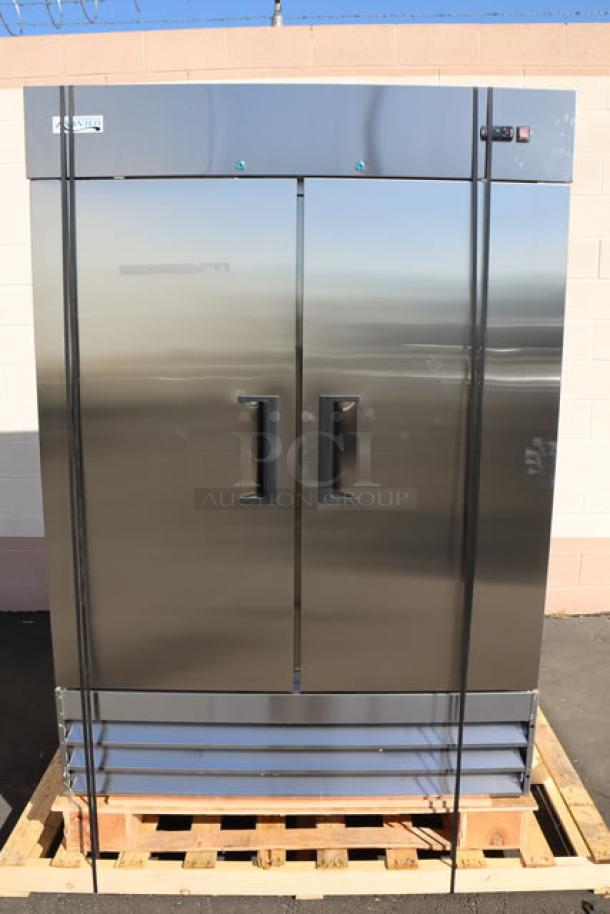 Brand new Avantco A-49F-HC 54" solid door reach-in freezer, out of packaging, tested, serial 083439783 7258.