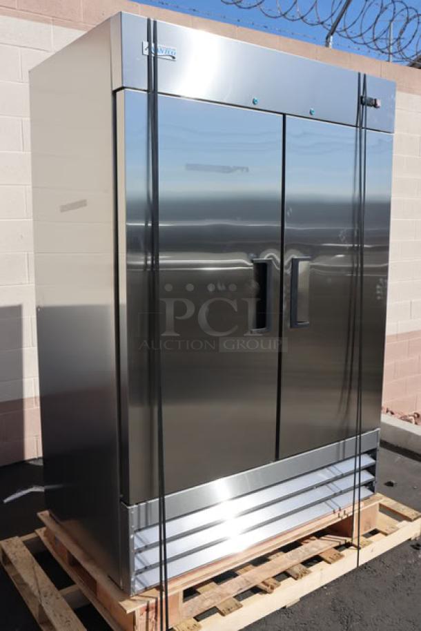 Brand new Avantco A-49F-HC 54" stainless steel reach-in freezer, solid doors, 115V, 8.5A, tested, out of packaging.