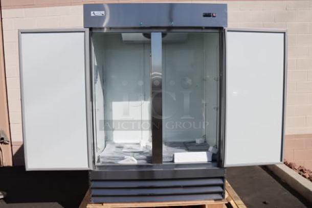 Avantco A-49F-HC 54" solid door reach-in freezer, tested, brand new, silver finish, open doors, out of packaging.