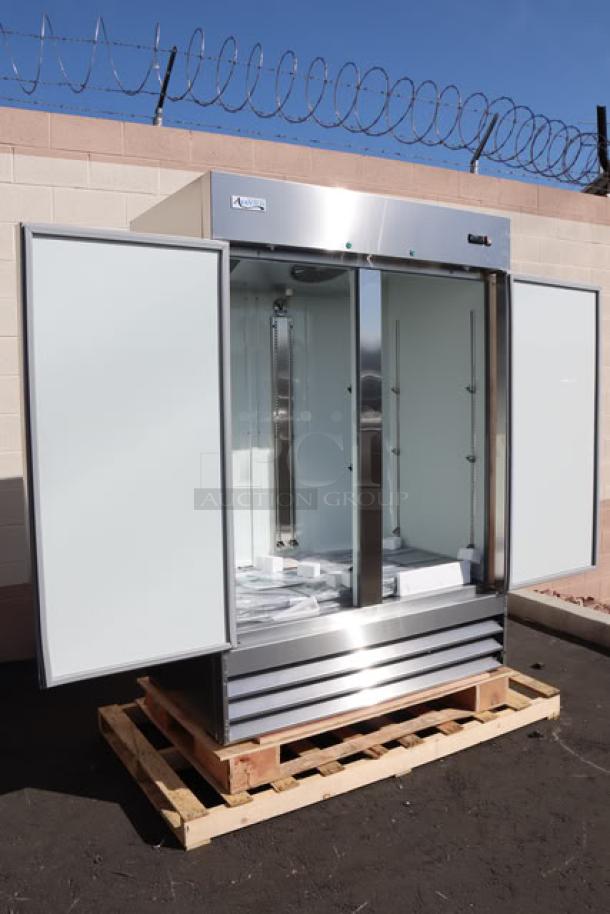 Brand new Avantco A-49F-HC 54" solid door reach-in freezer, tested, 115V, 8.5A, out of packaging, with open doors.