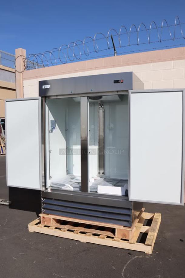 Brand new Avantco A-49F-HC 54" solid door reach-in freezer on a pallet. Tested and operational. Model A-49F-HC, S/N: 083439783 7258.
