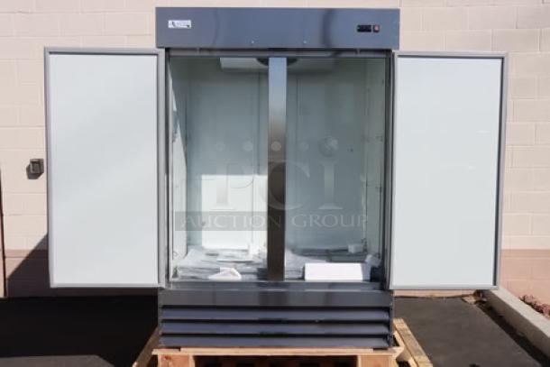 Avantco A-49F-HC 54" solid door reach-in freezer, brand new, tested, doors open, serial number 083439783 7258.