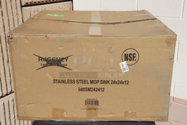 Cardboard box for Regency stainless steel one-compartment floor mop sink, model 600SM242412, with visible packaging damage.