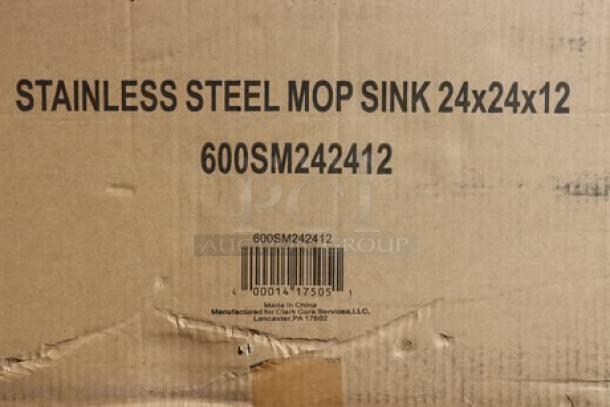 Stainless steel mop sink packaging with visible dents, model 600SM242412, Regency brand, 24"x24"x12" dimensions.