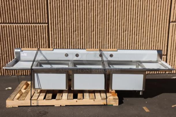 Regency 124" stainless steel three-compartment sink, model 600S32424218, new condition, bent back right leg socket.