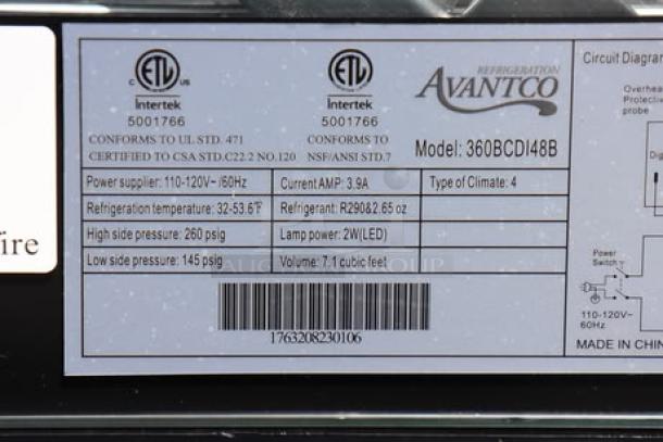 Avantco BCDI-48 display case label, model 360BCD48B, 115V, 3.9A, refrigeration at 32-53°F, 7.1 cu ft, ETL certified, S/N: 1763208230106.