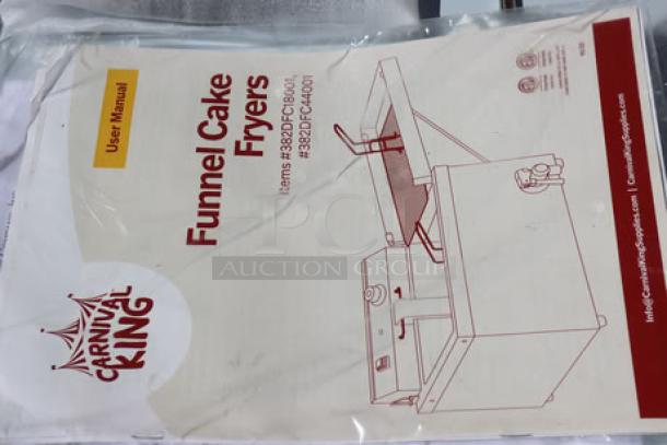 Carnival King DFC44001 25 lb. funnel cake/donut fryer, 240V, 4400W, brand new, user manual shown.