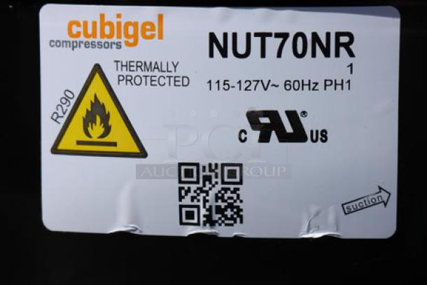 Brand new Avantco 17817638 compressor for APT-48, APT-60, SS-CFT-48-HC, SS-CFT-60-HC. Label shows Cubigel model NUT70NR, thermally protected, 115-127V, R290. S/N: D51007NS2910126. Out of original packaging.
