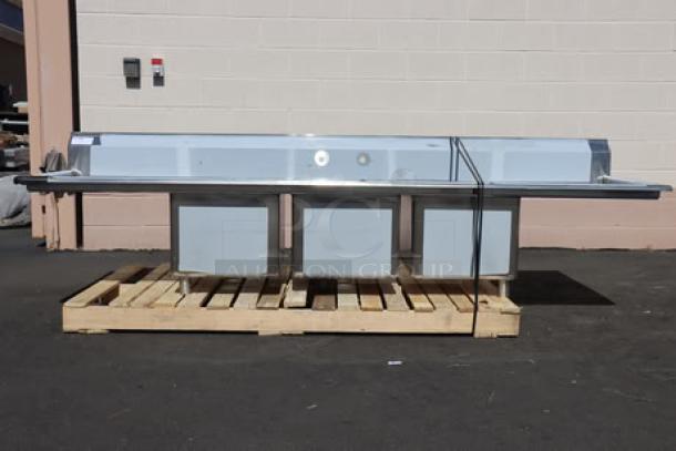 Regency 600S31824224 106" stainless steel sink, 16 gauge, three compartments, two 24" drainboards, new condition, scratch and dent.