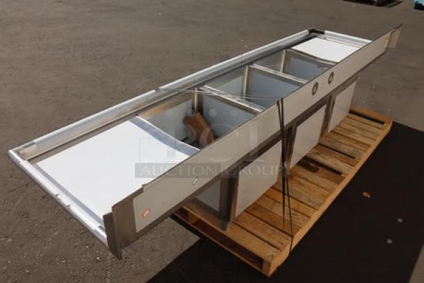 Regency 600S31824224 stainless steel sink, 106", three compartments, two 24" drainboards, brand new, scratch and dent condition.