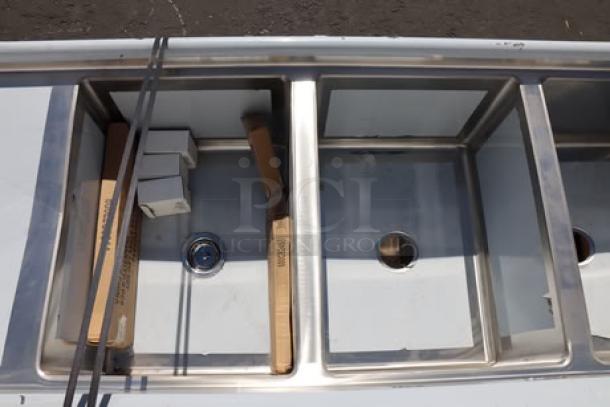 Regency 600S31824224 commercial sink, brand new, 106" stainless steel, three compartments, two 24" drainboards.