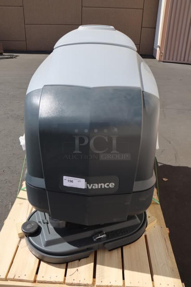 Brand new Advance SC901 ST 28D floor scrubber, 28" cordless model, 30-gallon capacity, 36V, 250 RPM, with batteries and charger.