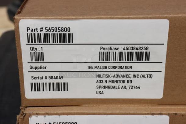 Cardboard box with labels. Part #56505800, purchase #4503848258, supplier: The Malish Corporation. Serial #584049, supplier info.