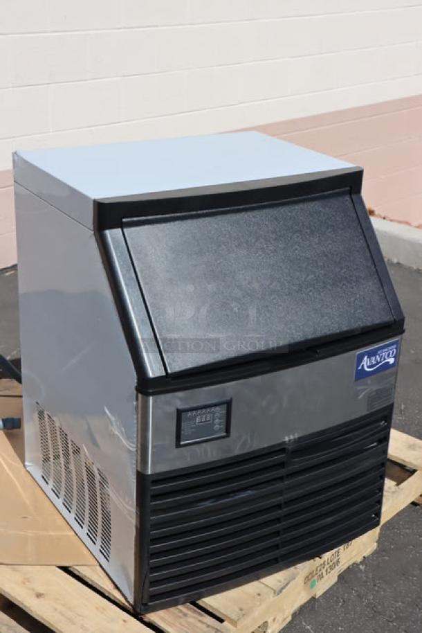 Brand new Avantco Ice UC-F-280-A undercounter cube ice machine, 299 lb capacity, 115V, silver finish, no packaging.