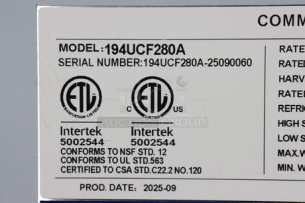 Label for Avantco Ice UC-F-280-A ice machine showing model 194UCF280A, serial 194UCF280A-25090060. ETL certified, prod. date 2025-09.