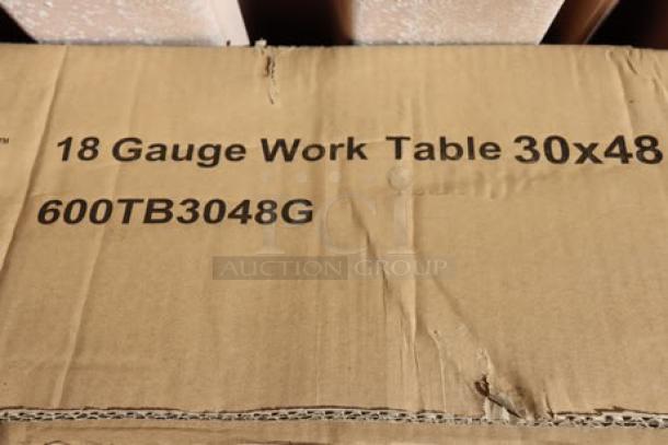Cardboard packaging for Regency 600TB3048G stainless steel work table, marked "18 Gauge Work Table 30x48."