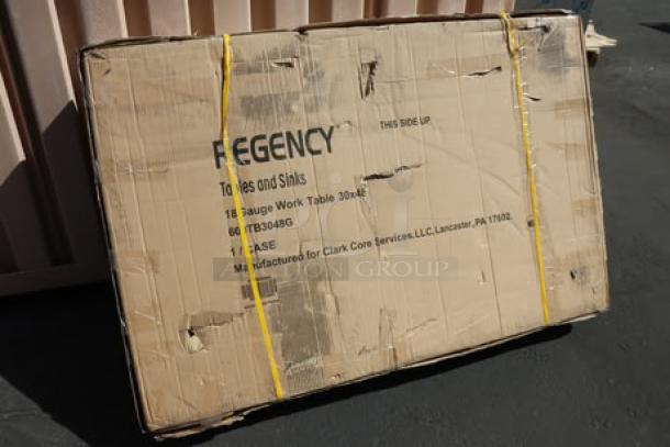 Regency 600TB3048G stainless steel work table, new in box, 18-gauge, 30"x48", with 4" backsplash, galvanized undershelf.