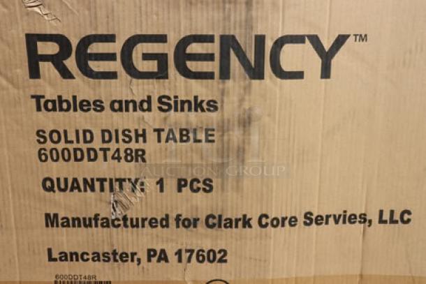 Regency 600DDT48R 4' Soiled Dish Table with Right Drainboard, new in box, minor scratches on packaging, 16 gauge steel.