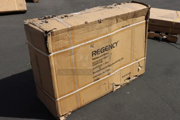 Regency 600DDT48R 4' soiled dish table in original packaging, showing signs of wear. Right drainboard. 16 gauge steel.