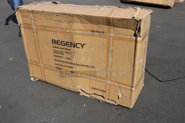 Regency 600DDT48R soiled dish table, brand new in damaged box, 16 gauge, 4' size, right drainboard, visible packaging markings.
