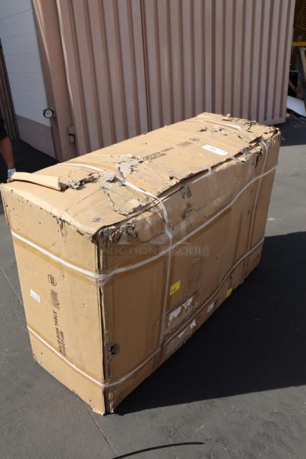 New Regency 600DDT48R 4' soiled dish table, right drainboard, 16-gauge, scratch-n-dent condition in damaged packaging.