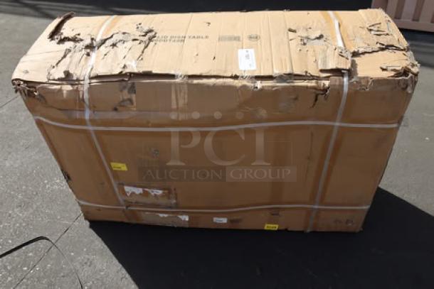 Regency 600DDT48R 4' soiled dish table in damaged box, visible labels, right drainboard, brand new scratch-n-dent condition.