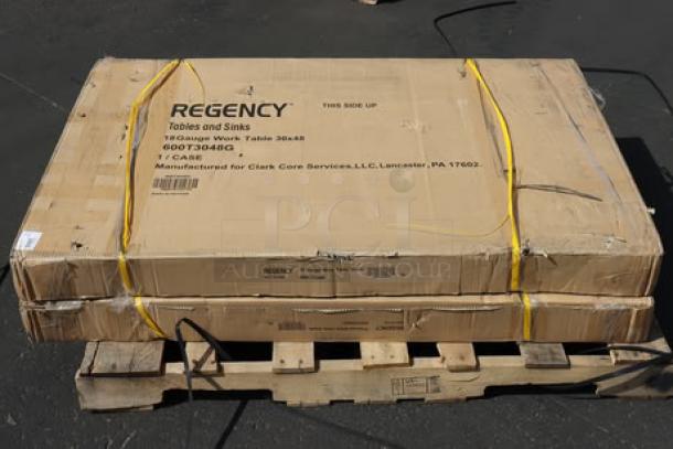 Brand new Regency 16 Gauge 4' dish table with right drainboard, model 600T3048G, scratch-n-dent, packaged on pallet.