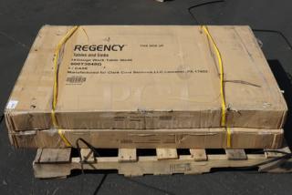 Brand new Regency 16 Gauge 4' dish table with right drainboard, model 600T3048G, scratch-n-dent, packaged on pallet.