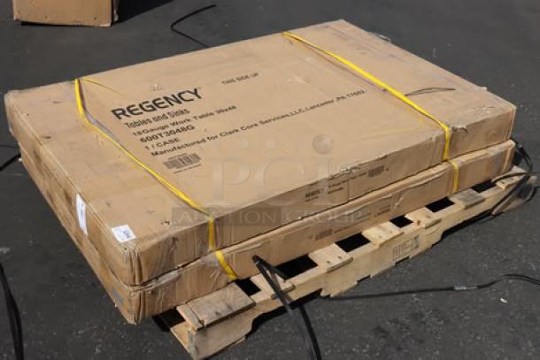 Regency 16 Gauge 4' Dish Table Model 600T3048G packaged in box, new with minor dents, featuring right drainboard.