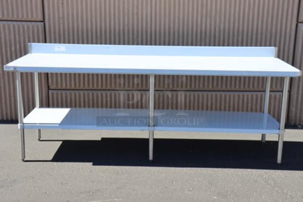 Brand new Regency 600TSB3096S 30"x96" stainless steel work table with 4" backsplash, undershelf; minor scratches.