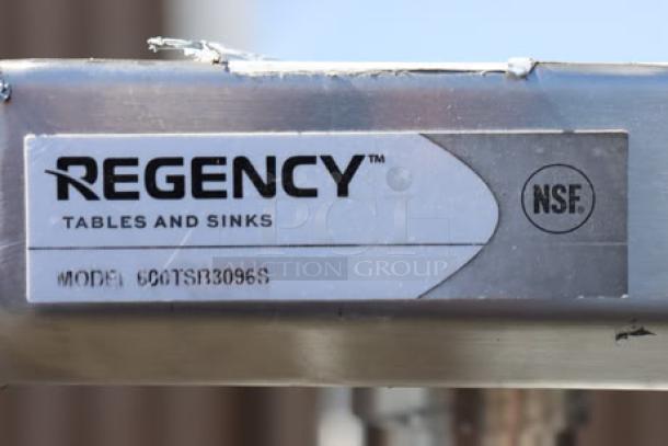 Regency 600TSB3096S stainless steel work table, 30" x 96", with 4" backsplash, undershelf, NSF certified, brand new condition.