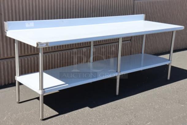 Brand new Regency 600TSB3096S 30" x 96" stainless steel work table with 4" backsplash and undershelf, scratch-n-dent.
