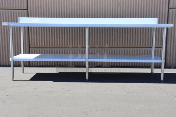 Regency 600TSB3096S stainless steel work table, 30"x96", 16-gauge, with 4" backsplash and undershelf, new scratch-and-dent.
